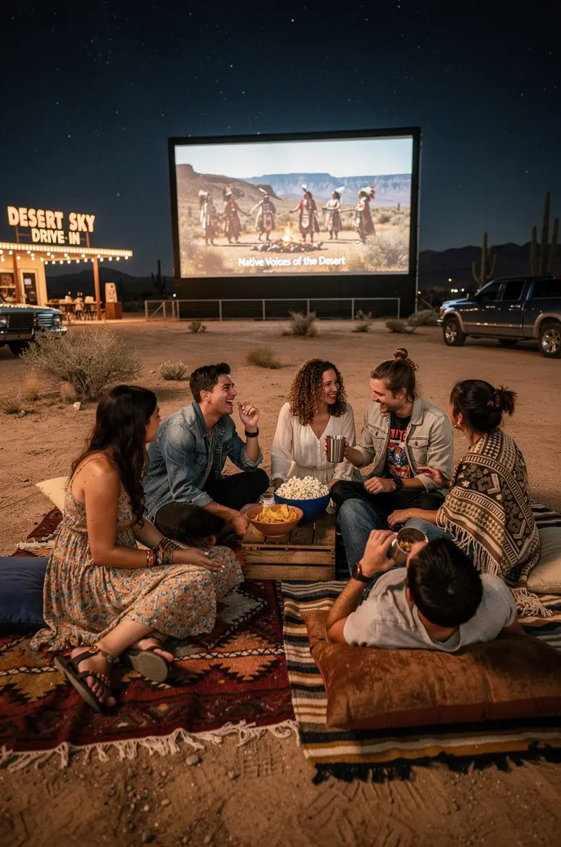 Посетители наслаждаются фильмом в своих автомобилях, окружённые пейзажами и элементами местного фольклора