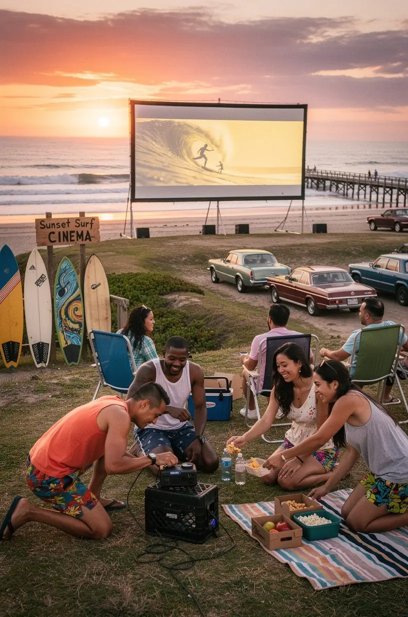 Автомобили на парковке под открытым небом в кинотеатре на колесах рядом с живописным туристическим маршрутом США