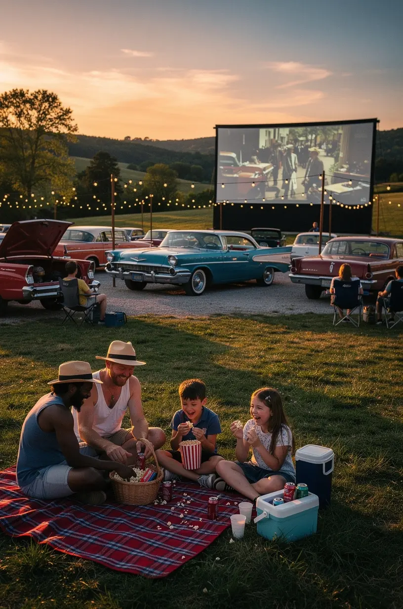 Ночной вид на ряд автомобилей, припаркованных у экрана с фильмом, демонстрирующим исторические события региона